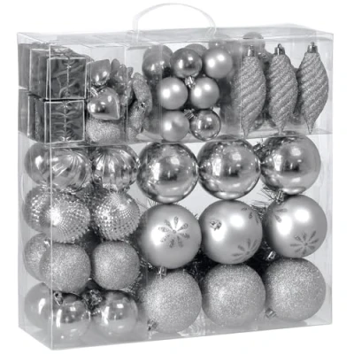 Image of CASARIA® 103Pcs Christmas Tree Baubles Set Hanging Balls, Decoration Stars, Cones, Bells Ornaments for Indoor and Outdoor Glossy, Glittery Matt Finish Elegant Silver