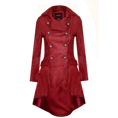 Image of Women&#039;s Gothic Red Leather Edwardian Victorian Flare Coat