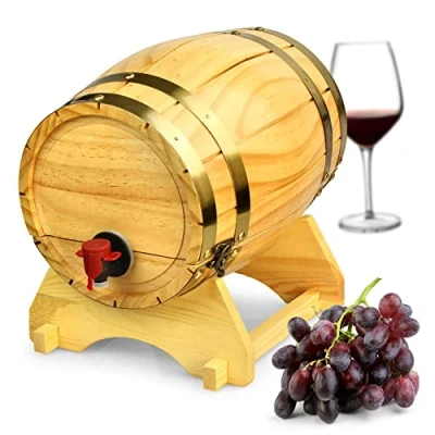 Image of bar@drinkstuff DS35948 Wooden Wine Barrel Dispenser Natural Pine 4.5 Litre Vintage Style Tabletop