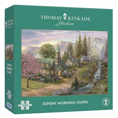 Image of Thomas Kinkade: Sunday Morning Chapel 1000 Piece Jigsaw Puzzle Mountains Sustainable for Adults Premium 100% Recycled Board Great Gift Gibsons Games