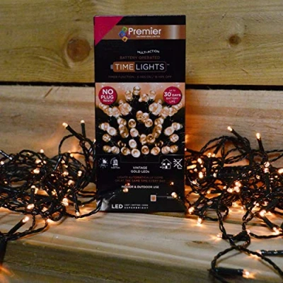 Image of Premier Decorations 200 Battery Operated Multi Function Time Lights Vintage Gold
