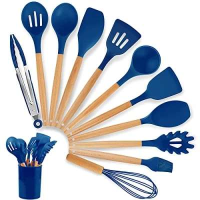 Image of Douup 12 Pcs Silicone Cooking Utensils Kitchen Utensil Set, Wooden Utensils/Kitchen Utensils/Household Products,Dark blue