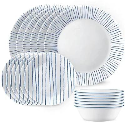 Image of Corelle 18 Piece Dinnerware Set, Service for 6, Lightweight Round Plates and Bowls Vitrelle Triple Layer Glass, Chip Resistant, Microwave Dishwasher Safe, Nautical Stripes, Blue