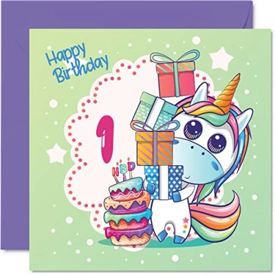 Image of 1st Birthday Card Girl Magical Unicorn Cake for 1 Year Old Girl, Age Girls Cards, 145mm x Cute One First Greeting