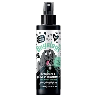 Image of Bugalugs dog Detangler spray Tangle Tame leave In conditioner for de matting. No tangles. Professional grooming formula contains Wheat protein. Pet detangling knot removal (200ml)