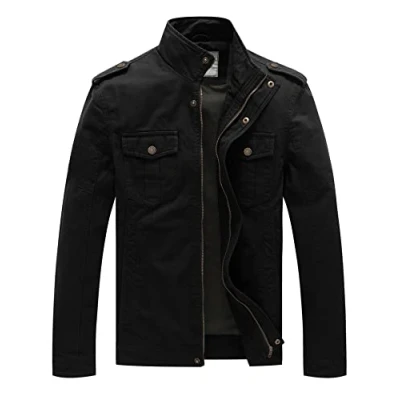 Image of WenVen Men&#039;s Casual Cotton Jacket Outdoor Lightweight Leisure Classic Full Zip Military Black M