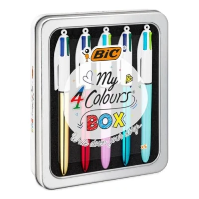Image of BIC 4 Colours Pens In A Special Metal Tin of 5 Pens, Includes mix Shine and Bright Barrel Coloured Ink ,Black, red, blue, green
