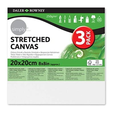 Image of Daler Rowney Simply Stretched Canvas, Medium Grain, 250 gsm, 16mm Deep, 8 x 8in approx. 20 cm, White, 3 Pack