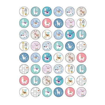 Image of 48 Cute Llama Themed Round Edible Wafer Paper Cake Toppers Decorations