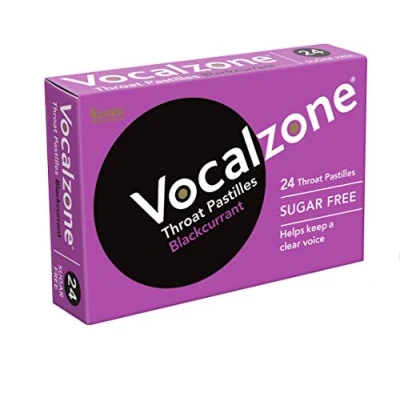Image of Vocalzone Throat Pastilles Blackcurrant Sugar Free 24 for Sore Throats and Hoarseness When Overusing Your Voice. Produced Sold in The United Kingdom Since 1912.