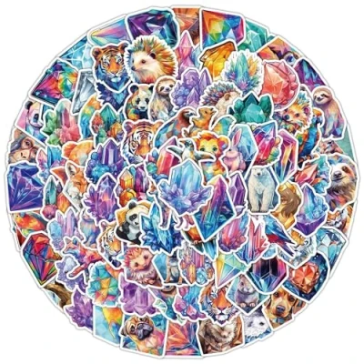 Image of 100Pcs Crystal Animal Stickers Laptop Car Scrapbook Phone Skateboard Suitcase Luggage Bike Vinyl Waterproof Aesthetic Personalised for Teens Boys Girls Adults Children