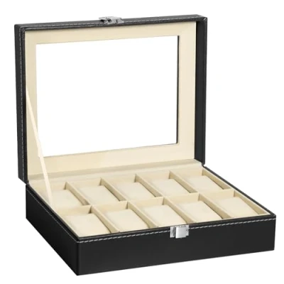Image of Uten Watch Box with 10 Compartments, for men, Display Case, Storage Removable Cushion, Metal Clasp, PU Leather, Black
