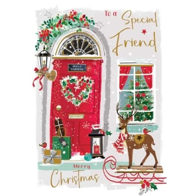 Image of Special Friend Christmas Card Festive Front Door and Reindeer Contemporary Artistic Design Finishes Illustrated Insert Leaf Made in the UK