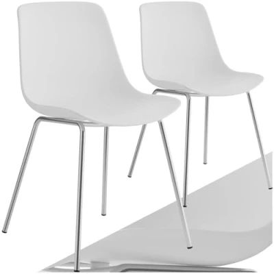 Image of TecTake® Set of 2 Dining Chairs in Classic Design with Ergonomic Plastic Seats, Chair Chrome Plated Steel Legs &amp; Non Slip Feet Ideal as Room, Kitchen Desk White