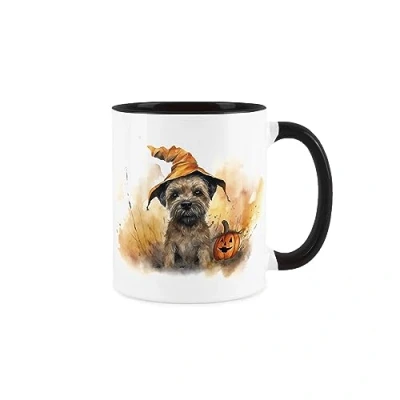 Image of Purely Home Border Terrier Mug Halloween Pumpkins Gift/Present Tea Coffee White &amp; Black Ceramic for Dog Lovers