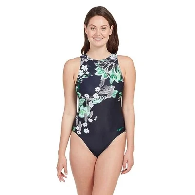 Image of Zoggs Women&#039;s Hi Front One Piece Swimsuit, Black/Green, 10
