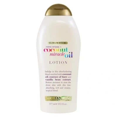 Image of OGX Extra Creamy + Coconut Miracle Oil Ultra Moisture Body Lotion with Vanilla Bean, Fast Absorbing for All Skin Types, Paraben Free and Sulfated Surfactants Free, 19.5 fl oz
