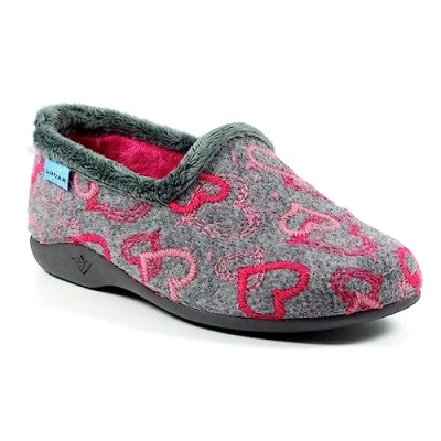 Image of Lunar Ladies&#039; Jolly Grey Heart Full Slippers Cozy Plush Lining, Print, Cushioned Insole, Closed Back Design, Non Slip Indoor Rubber Sole, Machine Washable 4 UK
