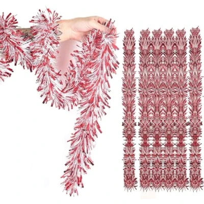 Image of SKYTE® 2m Christmas Tinsels, Red&amp;White Candy Mix Tinsel Garland for Tree Decoration, Thick &amp; Thin Metallic Chunky Xmas Party Wall Indoor and Outdoor Décor