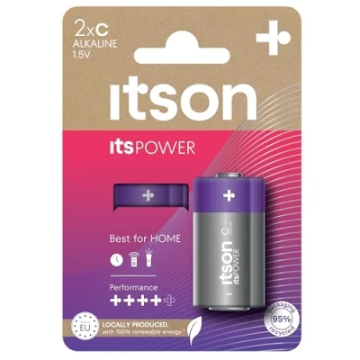 Image of ITSON, C batteries, pack of 2, eco friendly packaging 95 Percentage recycled materials, for clocks, torches, remote controls, made in EU