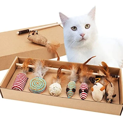 Image of 7 Pieces Cat Pet Toys, Toys Gift Box, Feather Set, Interactive Wand Toy Different Used to Tease and Interact with Cats