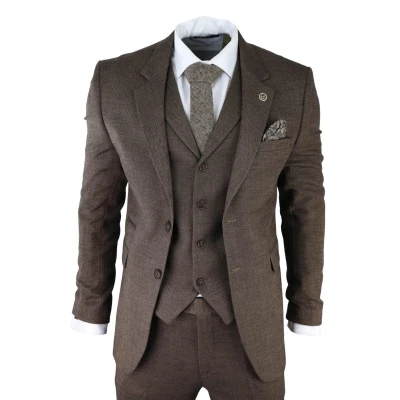 Image of Mens Brown 3 Piece Suit Classic Tweed Herringbone Blinders 1920s 48