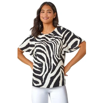 Image of Roman Animal Print Pleat Detail Top for Women UK Ladies Spring Everyday Summer Holiday Round Neckline Comfy Short Sleeve Soft Woven Fabric Blouse Desk to Dinner Shirts Black Size 12