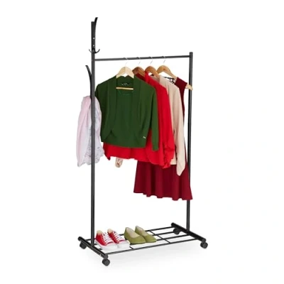 Image of Clothes Rail, Mobile on Wheels with Brake, Coat Rack, HxWxD: 165 x 80 44 cm, Metal, Shelf, Black Relaxdays