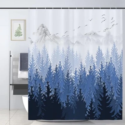 Image of JOOCAR Winter Forest Shower Curtain Blue Pine Nature Curtains Watercolor Bathroom Decor Polyester Fabric Waterproof Set with 12 Hooks, 180x180cm