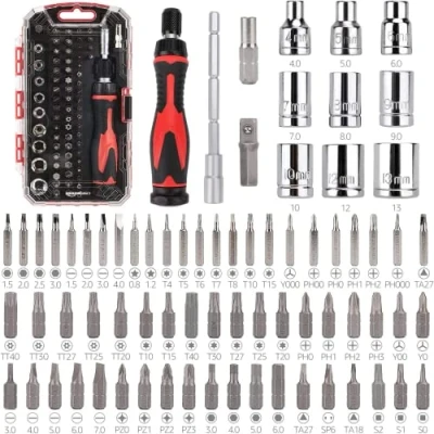 Image of Amazon Basics 73 Piece Magnetic Ratcheting Wrench and Electronics Precision Screwdriver Set, Black, Red, Silver