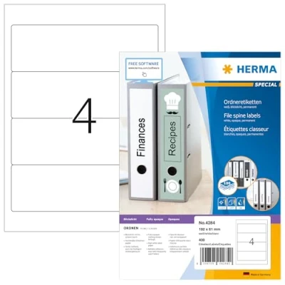 Image of HERMA Self Adhesive Spine Labels, 4 Labels per A4 Sheet, 100 Sheets, 192 x 61 mm, 400 Blank Lever Arch File Folder Stickers, Sticky for Laser &amp; Inkjet Printer, White