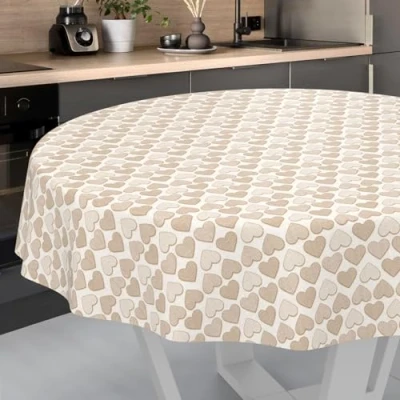 Image of ANRO Oilcloth Tablecloth Washable Garden Outdoor Indoor Round 140 cm Cut Edge Heart Beige