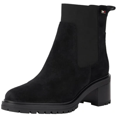 Image of Tommy Hilfiger Women’s Flag Mid Heel Suede Chelsea Boots, Black (Black), 3,5
