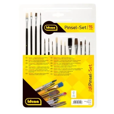 Image of Idena 60109 Brush Set, 15 Pieces, Various Types, Bristle Brush, Round and Watercolour