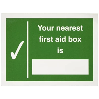 Image of Seco Your Nearest First Aid Box is Sign, 200mm x 150mm Self Adhesive Vinyl