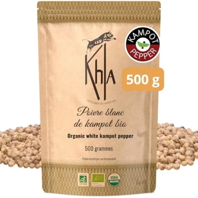 Image of Khla Organic White Kampot Pepper Sachet Vrac Grains 500g Grinder Refill Kitchen Ingredient Direct from the Producer Asian spice Origin Cambodia