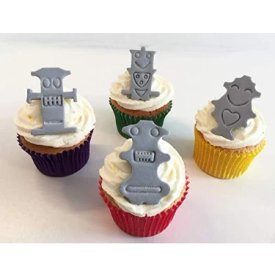Image of 6 Silver Sugar Robot Cake Decorations Edible, Unique and Made with Love in The UK!