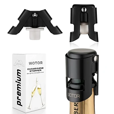 Image of WOTOR Champagne Bottle Stoppers, Saver with Food Grade Silicone, Leak Proof, Keep Fresh, Suitable for Champagne, Cava, Prosecco and Sparkling (3 Pack Black)
