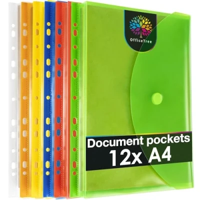 Image of OfficeTree 12x Plastic Document Pockets A4 Coloured Punched with 240 Hole Reinforcer 5X Folders 7X Clear