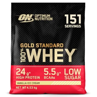 Image of Optimum Nutrition Gold Standard 100% Whey Muscle Building and Recovery Protein Powder With Naturally Occurring Glutamine BCAA Amino Acids, Vanilla Ice Cream Flavour, 151 Servings, 4.53 kg