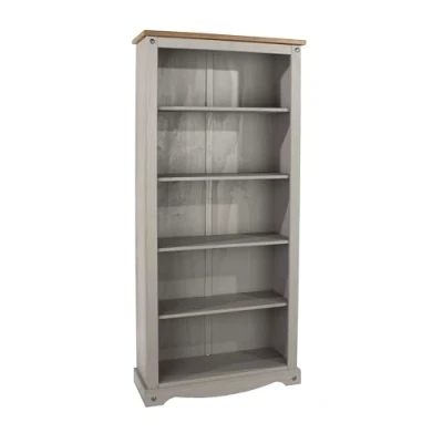 Image of Home Source Corona Large Bookcase, 5 Tier Pine Book Shelves, Mexican Solid Wood Living Room Storage, Grey