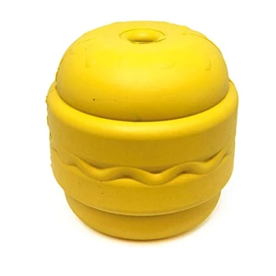 Image of MuttsKickButt by SodaPup Natural Rubber Bacon Double Cheeseburger Shaped Chew Toy Treat Dispenser Slow Feeder Made in USA For Heavy Chewers Yellow Large