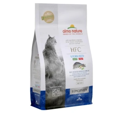 Image of almo nature HFC Longevity Sterilized Sea ​Bass and Bream Complete Dry Cat food for Senior Neuteured Cats with 100% Fresh 1,2 Kg Bag