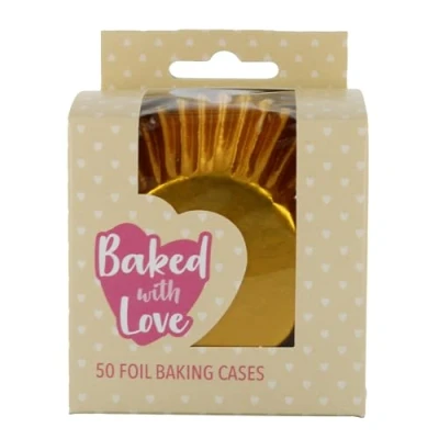 Image of Baked with Love Gold Foil Baking Cases, Cups, Greaseproof Cupcake Pack of 50
