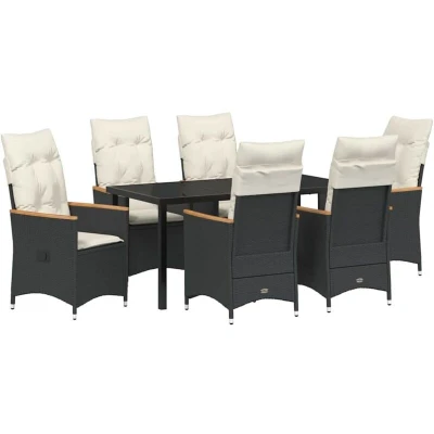 Image of vidaXL 7 Piece Garden Dining Set with Cushions in Black Poly Rattan