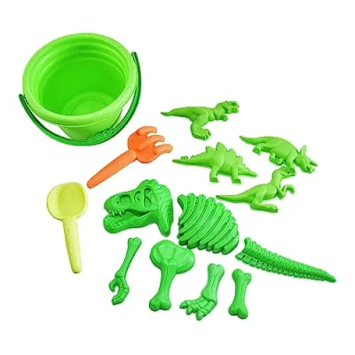 Image of Kögler 90535 mould set, made of organic plastic, various dinosaur sand shapes, as well a shovel, rake and bucket, Green