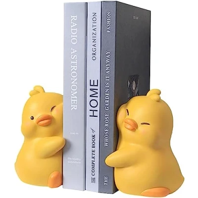 Image of Cute Bookends, Cartoon Duck Ducks Hugging Resin Bookends Bookstops Bookshelf Stopper for Students Textbooks (Yellow)
