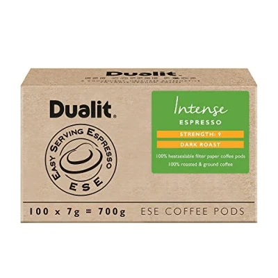 Image of Dualit Intense ESE Coffee Pods 100 Pack x 1 Servings of Premium Ground Caffeinated in Easy Serving Espresso Paper Dark Roast 15146