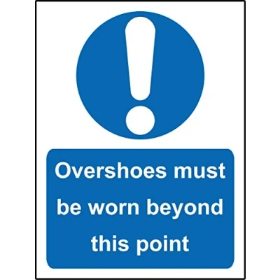 Image of Mandatory sign Overshoes must be worn beyond this point Safety Self adhesive sticker 200mm x 150mm