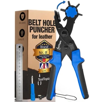 Image of ToolTopia Hole Punch for Leather [Complete Set], Punch, Tool, Plier Paper, Belt or Fabric, Biothane, Faux Leather, etc. Puncher with Comfort Lever